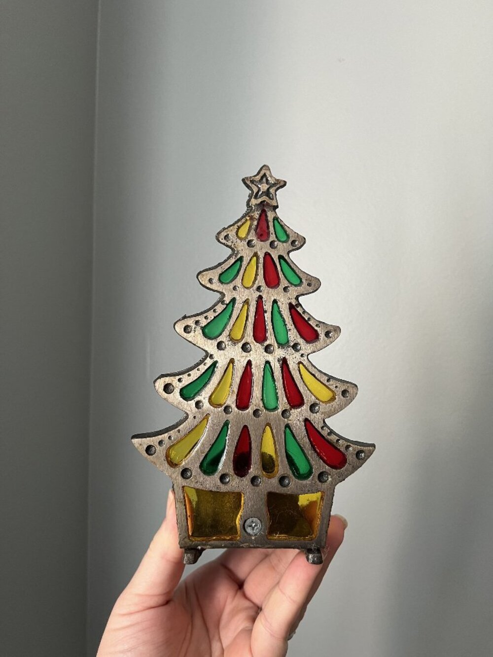 Vintage 7" Christmas Tree Stained Glass Cast Iron Metal Pine Candle Holder Tea L